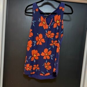 Floral Sleeveless Top - Vibrant Orange on Deep Blue
